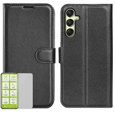 Immagine prodotto di Per Samsung Galaxy A16 Custodia portafoglio in Pelle finta nera + vetro duro H9
