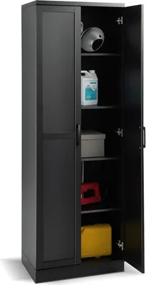 Obrázok produktu pre Úložná skriňa s 5 úrovňami, vysoká skriňa s 2 nastaviteľnými policami, vyvýšený podstavec, moderný príborník do obývačky, kuchyne, spálne (čierna)