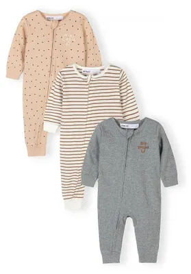 Produktbild von Minoti Baby Overall 3er-Pack 100% Baumwolle Beige für Jungen - Langarm und Kurzarm Bodysuits mit Reißverschluss