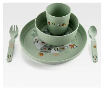 Produktbild von Kindergeschirr Set | Motiv: Little Explorer | Biokunststoff-Geschirr für Kleinkinder aus 100% ISCC-em Material | 5-teilig | BPA-frei | spülmaschinengeeignet