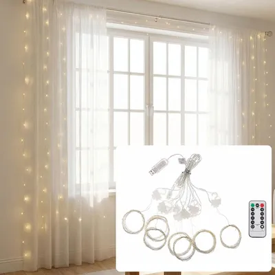 Produktbild von Eleganter LED-Lichtervorhang 3x3m, 300 warmweisse LEDs: Fernbedienung, 8 Modi, Dimmbar, Timer & USB-Anschluss, ideal für Party, Hochzeit & Wohndeko