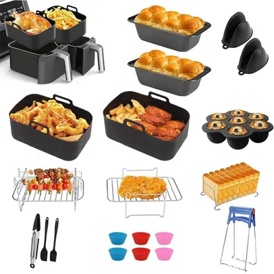 Produktbild von 19-teiliges Backformen Set aus Silikon BPA-frei für Heißluftfritteuse, hitzebeständig & spülmaschinenfest, universell für Dual Airfryer