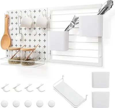 Zdjęcie produktu dla Zestaw Pegboard Combination Kit, metalowa tablica narzędziowa z 2 panelami pegboard, uchwytami, półką, haczykami i magnesami, magnetyczna tablica ścienna do zawieszenia