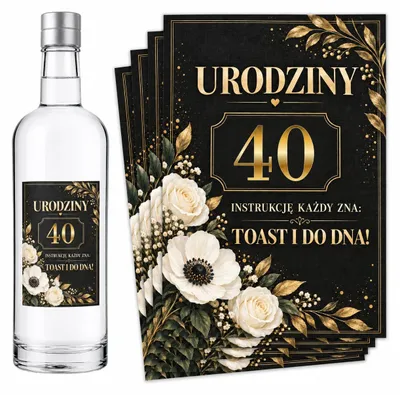 Obrázek produktu pro Etikety na lahve – k 40. narozeninám – „Urodziny” – černá a zlatá – #168 – 8 ks