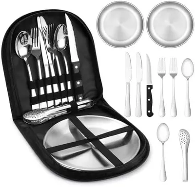 Produktbild von Camping Geschirr Set für 2 Personen, 10 Stück Tragbars Campingbesteck Set aus Edelstahl für Camping, Picknick, Reisen