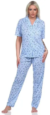 Produktbild von Damen Pyjama kurzarm Schlafanzug Pyjama-Set; Blau L/40