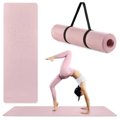Image de Tapis de yoga Lotus - Tapis de fitness Pilates - Antidérapant en TPE - Avec sangle de transport - Pour débutants et avancés - Rose