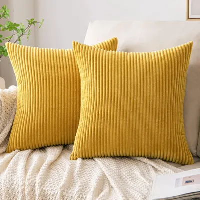 Immagine prodotto di Set di 2 federe per cuscini in velluto a coste, dimensioni 60 x 60 cm, colore giallo paglierino