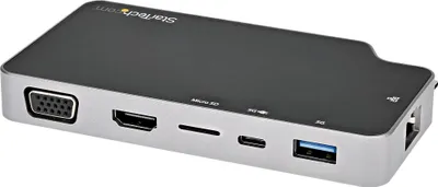 Produktbild von StarTech.com USB-C Multiport Adapter - USB-C auf 4K HDMI- oder VGA-Video mit 100W Power Delivery 3.0 Pass-Through, 2-Port-10-Gbit/s USB-Hub, MicroSD, GbE - USB 3.1 Typ C Mini/Travel Dock, Kabelgebunden, USB 3.2 Gen 2 (3.1 Gen 2) Type-C, 100 W, 10,100,1000 Mbit/s, IEEE 802.3ab, IEEE 802.3i, IEEE 802.3u, Schwarz, Grau