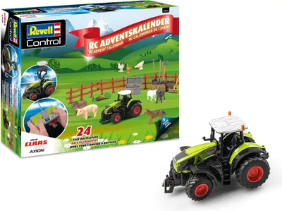 A product box for a Revell Control RC Advent Calendar featuring a Claas Axion 960 tractor and farm animals, with a separate image of the tractor.