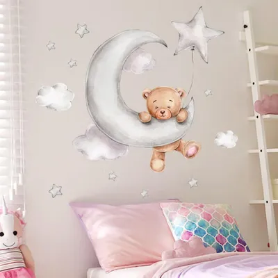 Produktbild von Kinder Wandsticker Teddybär Mond Sterne Wolken – Süßer Wandtattoo Baby Bär auf Mond für Kinderzimmer Babyzimmer Mädchenzimmer, selbstklebend