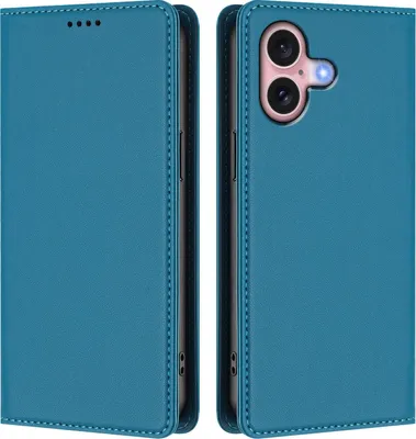 Produktbild von Handyhülle für iPhone 16, Kunstleder Klapphülle Stoßfeste Magnetische Hülle mit Ständer Blau