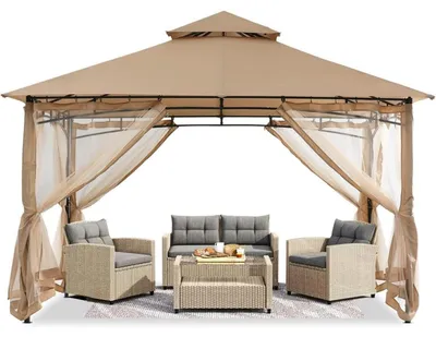 Productafbeelding van Tuinpaviljoen, 2,4 m x 2,4 m, dubbel dak met net, beige kleur