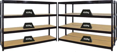Produktbild von Mega Deal | 3x Schwerlastregal DINO | HxBxT 180x240x60cm | 4 MDF-Platten-Ebenen 6,5 mm | Fachlast 450kg | Schwarz