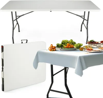 A white folding table is shown in its folded and unfolded states, with a second table set up with a tablecloth and food.