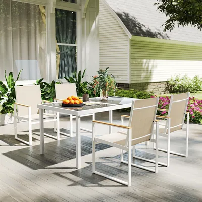 Produktbild von SUGIFT Hartglas-Tisch & 4 Stühle mit Armlehnen, Gartengarnitur 5-teilig, Terrassenmöbel Stahlrahmen, Mehrfarbig  |  wetterfest  |  25,6 kg  |  150 x 87 x 72 cm