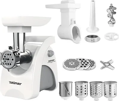 A white and silver meat grinder with various attachments, laid out on a white background.