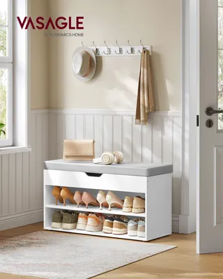 Produktbild von VASAGLE Schuhbank mit Sitzkissen, Schuhregal mit 3 Ebenen, 30 x 80 x 44 cm, weiß-grau