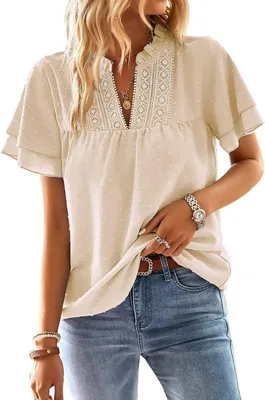 Productafbeelding van Dames top met V-hals, korte mouwen en kantversiering, abrikoos, maat 4XL