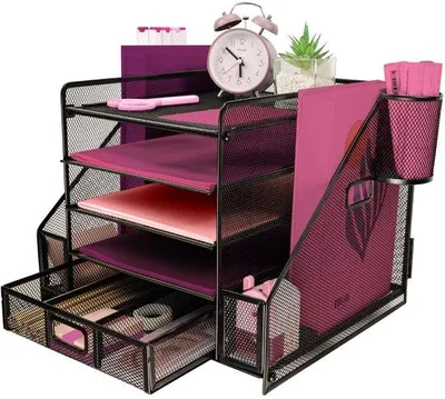 Image de Organiseur de bureau à 5 compartiments, en métal, noir, avec rangement pour classeurs et magazines