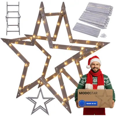 Produktbild von MODO24 3D Weihnachtsstern Holz MODOSTAR, Holzstern, Deko Stern,Holz, Faltbar, Outdoor Garten Wetterfest, 114 cm, Grau, GWZ
