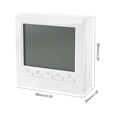 A white digital thermostat with an LCD screen and buttons is shown against a white background. Dimensions are indicated with measurement lines.