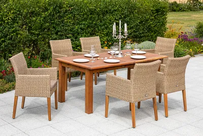 Produktbild von Merxx Gartenmöbelset "Ranzano" 7tlg. - Aluminiumgestell mit Kunststoffgeflecht schilf/natur und Akazie, inkl. Kissen - 50445-259