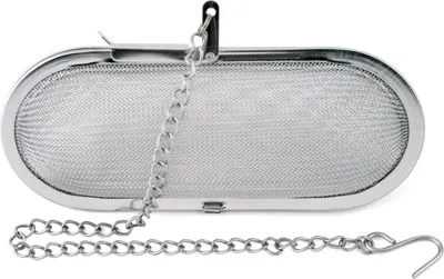 A silver oval-shaped tea infuser with a chain is shown against a white background.