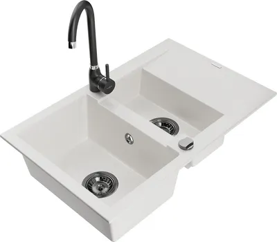 Produktbild von Mexen Gaspar 1,5-Becken-Granitspüle mit Abtropffläche und Mischbatterie Telma, Weiß - 6507-20-670200-70