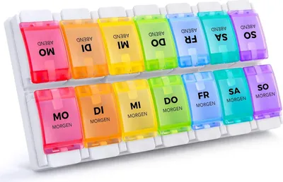 Produktbild von SUKUOS Tablettenbox 7 Tage Morgens Abends, Pillendose Rund 7 Tage 2 fächer, AM PM Tablettendose