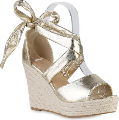 Produktbild von VAN HILL Damen Keilsandaletten Sandaletten Bast Plateau Vorne Schuhe 841604, Farbe: Gold, Größe: 40