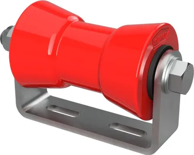 Image de Rouleau de quille en polyuréthane avec support aide à la mise à l'eau des remorques de bateaux galvanisé SUPROD, 130 mm, rouge