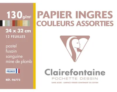 Zdjęcie produktu dla Papier pastelowy Ingres w kopercie Clairefontaine, 130 g/m², 24 x 32 cm, 12 arkuszy
