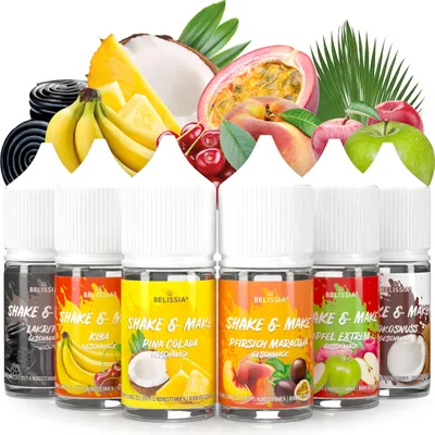 Produktbild von Belissia Shake and Make Exotisch  - 6 x 30 ml hochdosiertes Lebensmittelaroma - zum Nachfüllen - Für Backen, Speisen, Getränke, Shake, DIY uvm