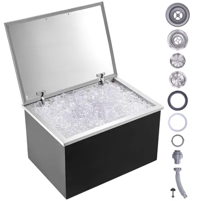 Zdjęcie produktu dla Pojemnik na lód VEVOR, 107,8 l ze stali nierdzewnej, 710 x 508 x 437 mm Komercyjny pojemnik na lód z pokrywą na zawiasach, wbudowany schowek na lód, rura spustowa i korek spustowy w zestawie