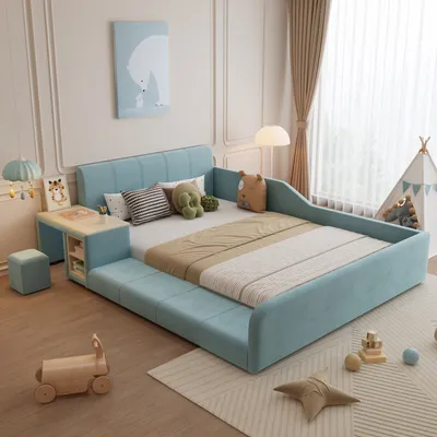 Obrázek produktu pro Flieks čalouněná postel dětská postel 140x200cm s psacím stolem a taburetem, podlahová postel manželská s ochranou proti vypadnutí, dřevěná postel s roštovým rámem, sametová, modrá