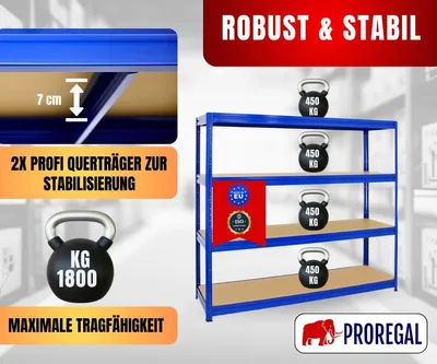 Produktbild von Schwerlastregal DINO | HxBxT 180x240x60cm | 4 MDF-Platten-Ebenen 6,5 mm | Fachlast 450kg | Blau