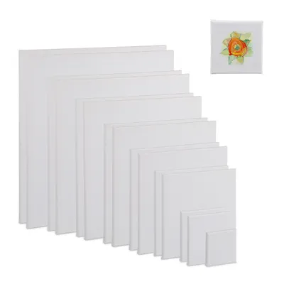 Produktbild von Relaxdays Leinwand, Malleinwand quadratisch, 16 Stück, 8 Größen, zum Bemalen, Aquarell- & Acrylmalerei, Keilrahmen, weiß