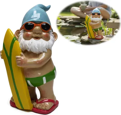 Produktbild von LS-LebenStil XL Deko Figur Happy Gartenzwerg 20cm Erwin - Mr. Surfer - Gnom Zwerg Skulptur Gartenstatue Skulptur Objekt Statue Gartenfigur Teich-Deko