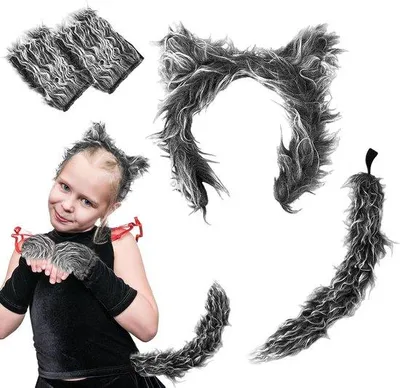 Obrázek produktu pro Sada doplňků pro převlek na vlka – uši, rukavice, ocas – kožešiny do kostýmu vlka na Halloween – zvířecí kostým pro děti i dospělé