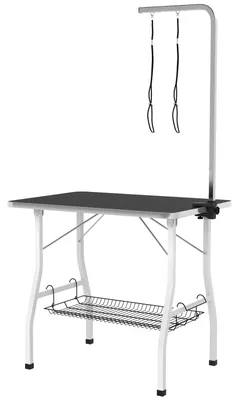 Produktbild von Hundepflegetisch Frisiertisch mit höhenverstellbarem Arm 2 Leinen Gummioberfläche klappbare Beine Schwarz 90 x 60 x 76 cm