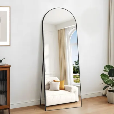 Immagine prodotto di Specchio a parete 165 x 60 cm, con superficie curva, specchio a figura intera, cornice in alluminio nero, da appendere, da appoggiare, inclinabile