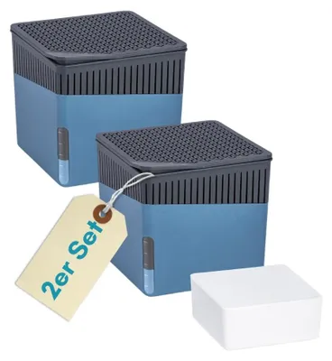 Produktbild von 2er Set Raumentfeuchter Cube blau 2x 500g Luftentfeuchter ohne Strom Entfeuchter Granulat 1000 g Schlafzimmer Luftentfeuchter Klein Raumluftentfeuchter Badezimmer