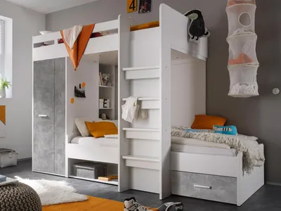 Produktbild von Etagenbett Kinderbett Hochbett Stockbett Funktionsbett Jugendbett Bett "Mimi I" Weiß / Beton
