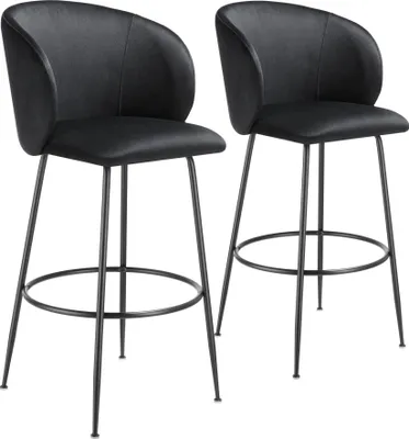 Two black bar stools are shown against a white background.