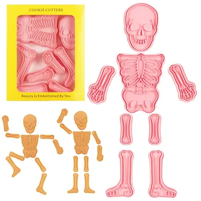 8er Set Halloween Keksausstecher Skelett, Kunststoff, 3D Stempel