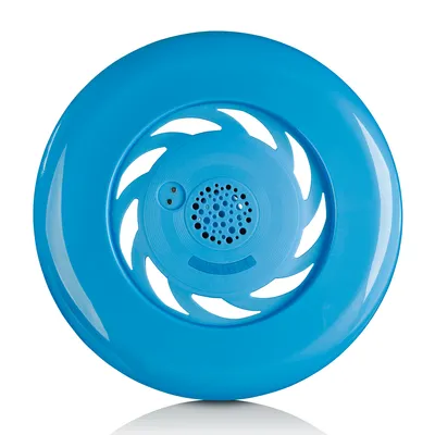 A blue frisbee-shaped object with a central speaker grille and ventilation holes, presented on a white background.
