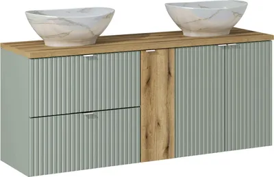 Zdjęcie produktu dla Szafka Łazienkowa Z Blatem I 2 Umywalkami Nablatowymi – 140 Cm W Elegancznym Stylu Zieleni I Drewna