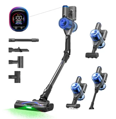 A collage of images showing a cordless vacuum cleaner and its various attachments.