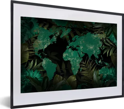 Produktbild von MuchoWow® MuchoWow® Gerahmtes Poster Weltkarte - Grün - Blätter 60x40 cm - Poster mit zchwarzem Bilderrahmen - Schlafzimmer - Plakat in Rahmen - Drucken